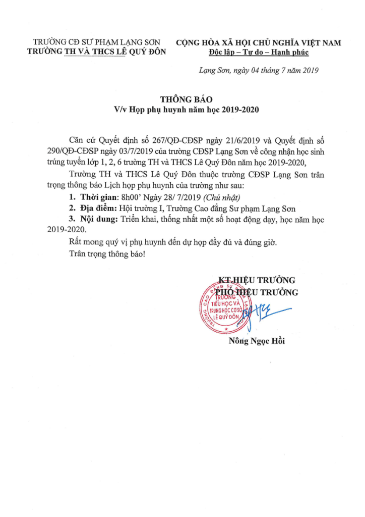 Trường TH-THCS Lê Quý Đôn thông báo họp phụ huynh