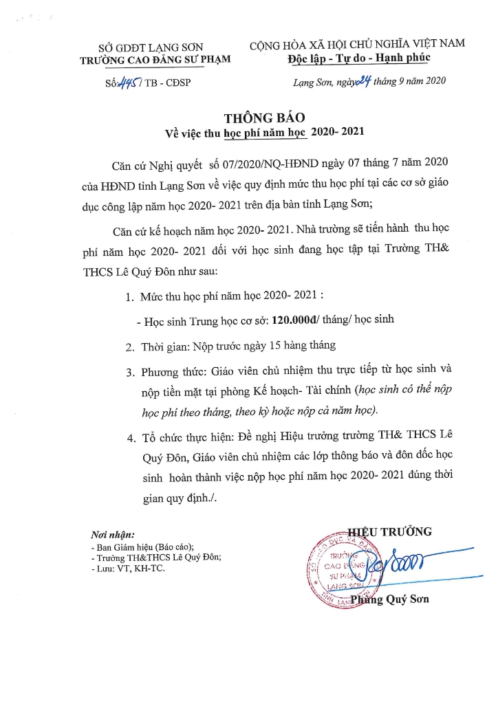Thông báo thu học phí - trường TH&THCS Lê Quý Đôn